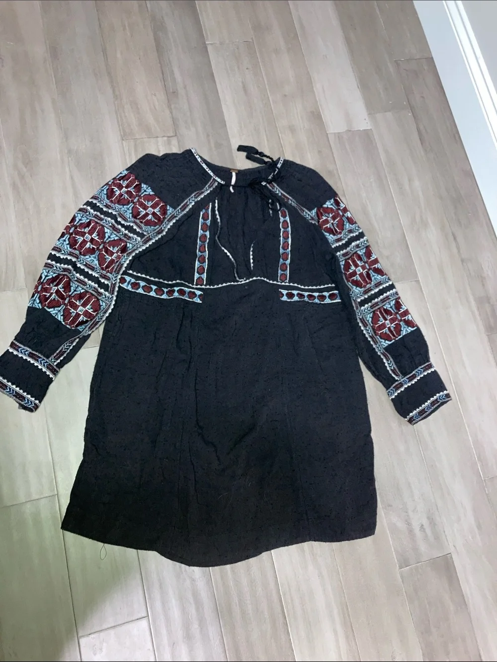 Free People Black Embroidered V-Neck Long Sleeve Mini Dress